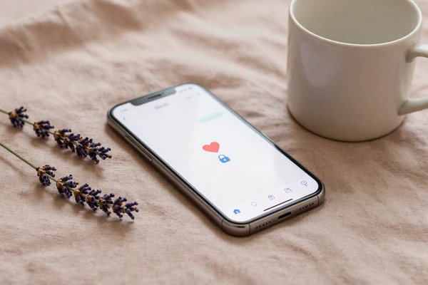 Smartphone on linen showing a private dating chat with lock icon, illustrating discreet messaging on niche dating sites