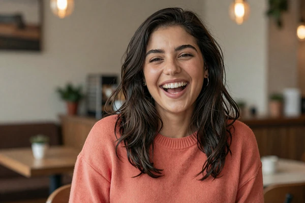 Woman in coral sweater laughing in response to a thoughtful question, illustrating the appeal of genuine curiosity