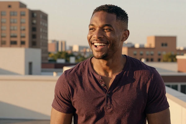Confident man laughing on a rooftop at golden hour, representing small penis dating confidence