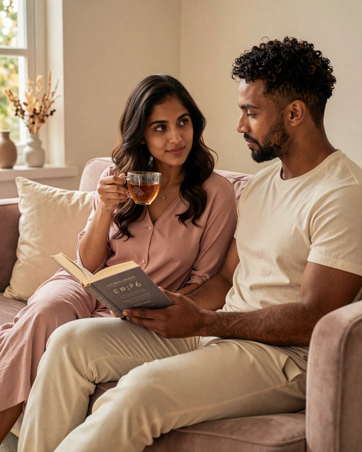 South Asian and Black American couple sharing tea on a velvet sofa, illustrating the emotional intimacy of size-compatible relationships