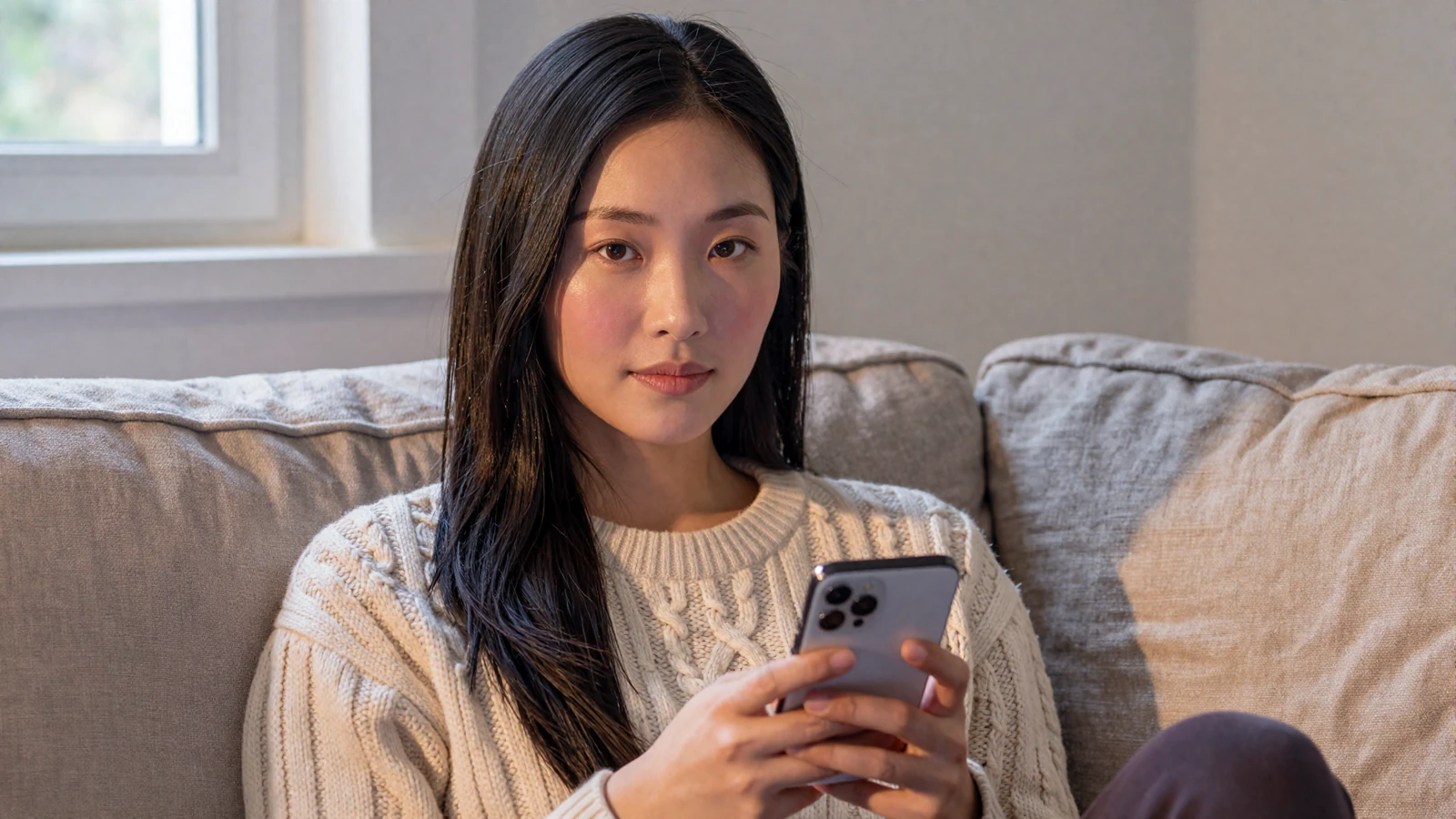 Woman in cream sweater checking her phone privacy settings, illustrating online dating safety tips on private dating sites