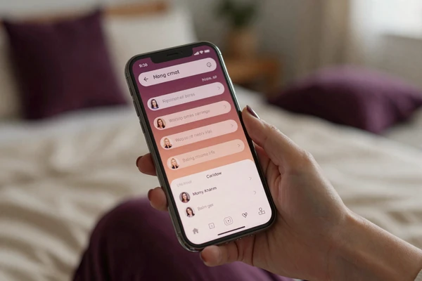 Hand holding phone with private chat interface, representing online dating safety on niche sites