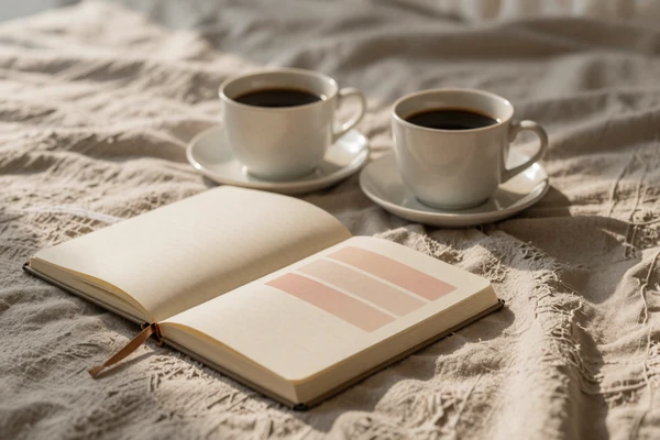 Two coffee cups on a linen bedspread with an open notebook, illustrating the FWB respectful guide article