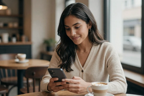 Woman in cream cardigan smiling at her phone in a cafe, illustrating disclosure anxiety relief on niche dating apps