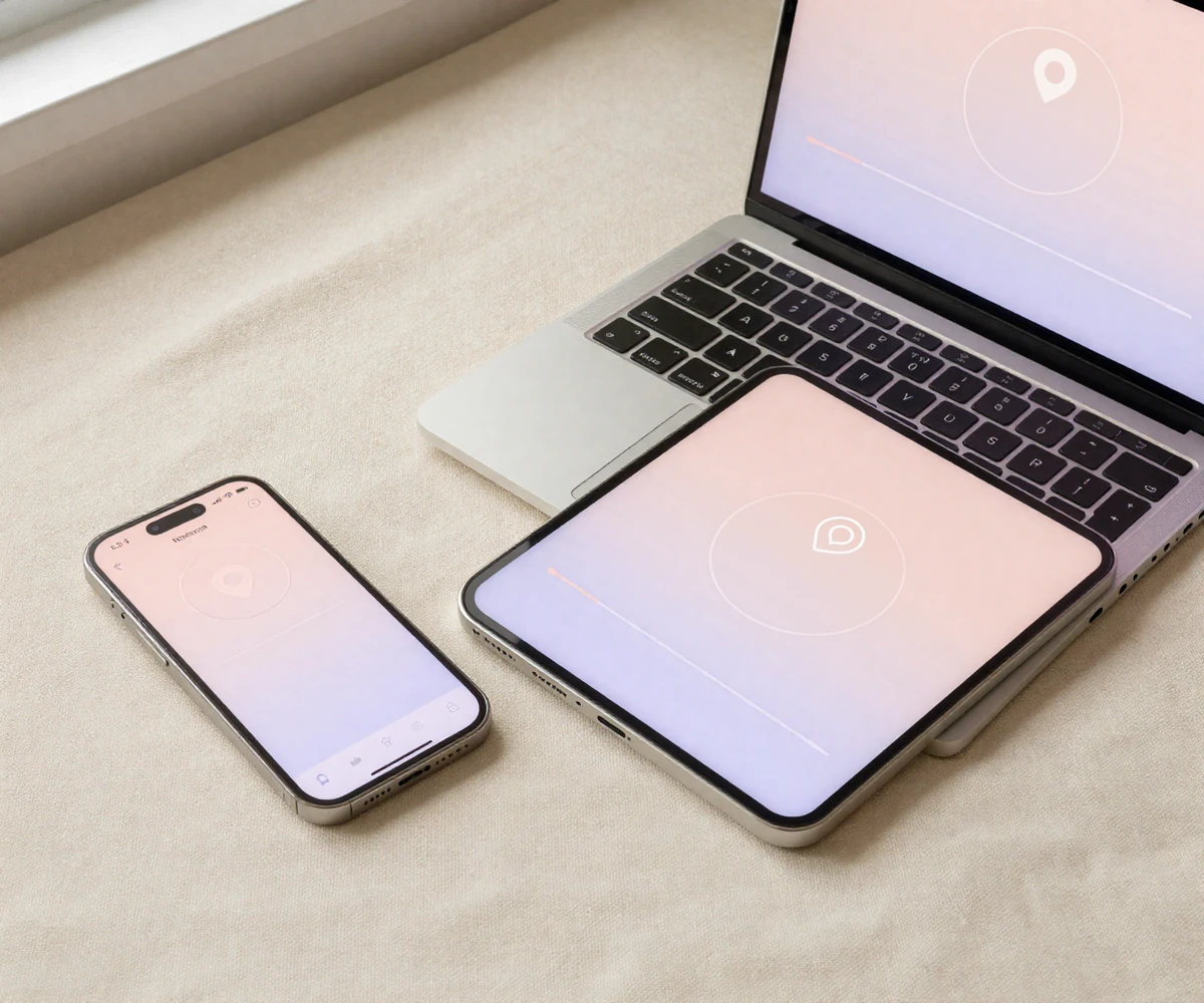Smartphone, tablet, and laptop showing the BeyondSize location radius slider, demonstrating cross-device dating app support