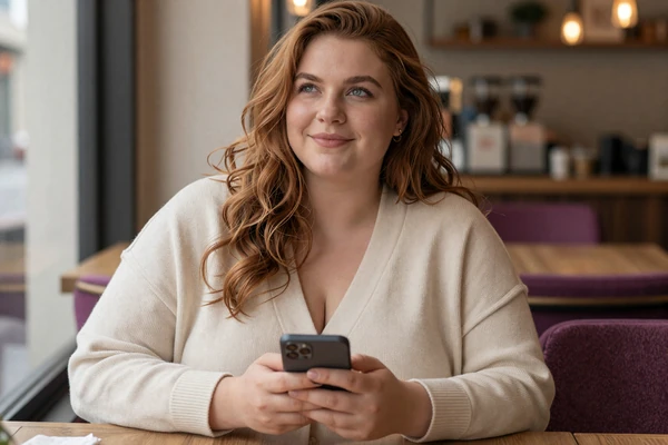 Woman in cream cardigan smiling at her phone in a cafe, illustrating disclosure anxiety relief