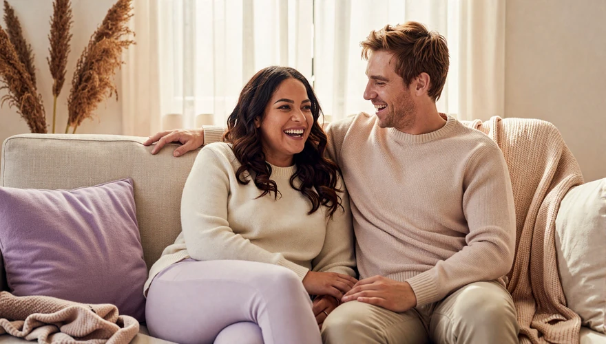 Mixed-heritage couple laughing together on a linen sofa in golden afternoon light, illustrating size preference in real relationships