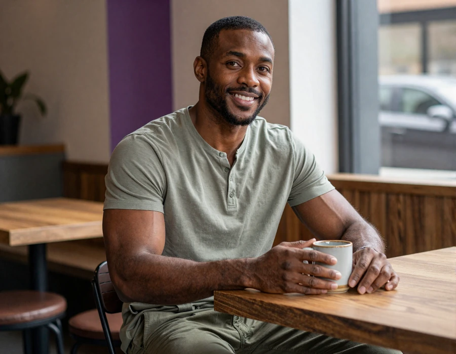Marcus, a BeyondSize community member, smiling warmly at a coffee shop meetup
