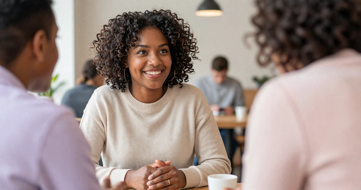 Smiling Black woman in cream sweater laughing across a cafe table, illustrating warmth and emotional connection women find attractive in men