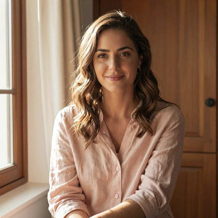 Confident woman in blush linen blouse smiling by a window, representing inclusive eligibility on BeyondSize small penis dating site