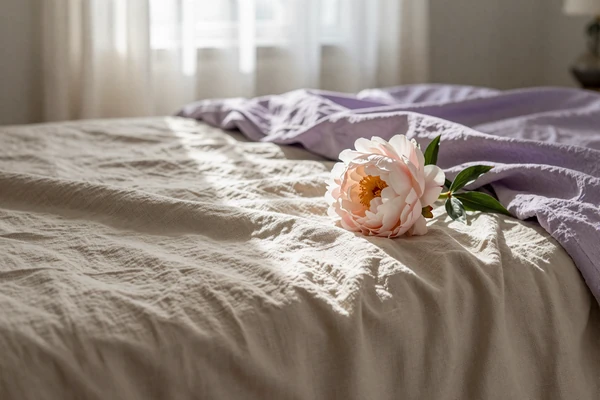 Soft linen sheets and a blush peony, illustrating physical comfort focus on size compatible dating