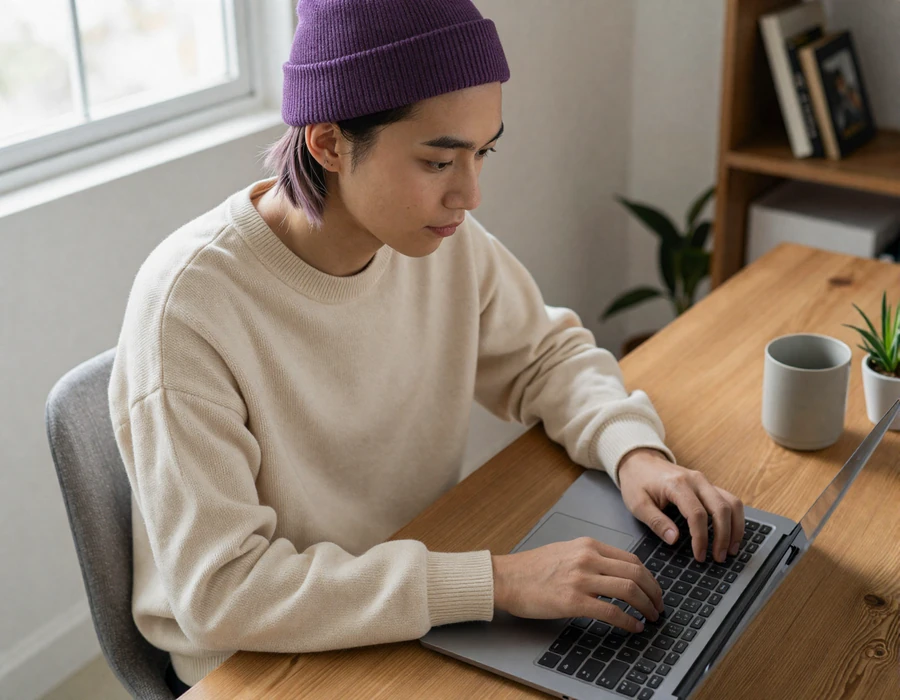 Sam, a non-binary BeyondSize member, joining a community thread from a home office
