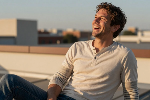 Relaxed man laughing on a rooftop at golden hour, illustrating dating confidence and self-acceptance