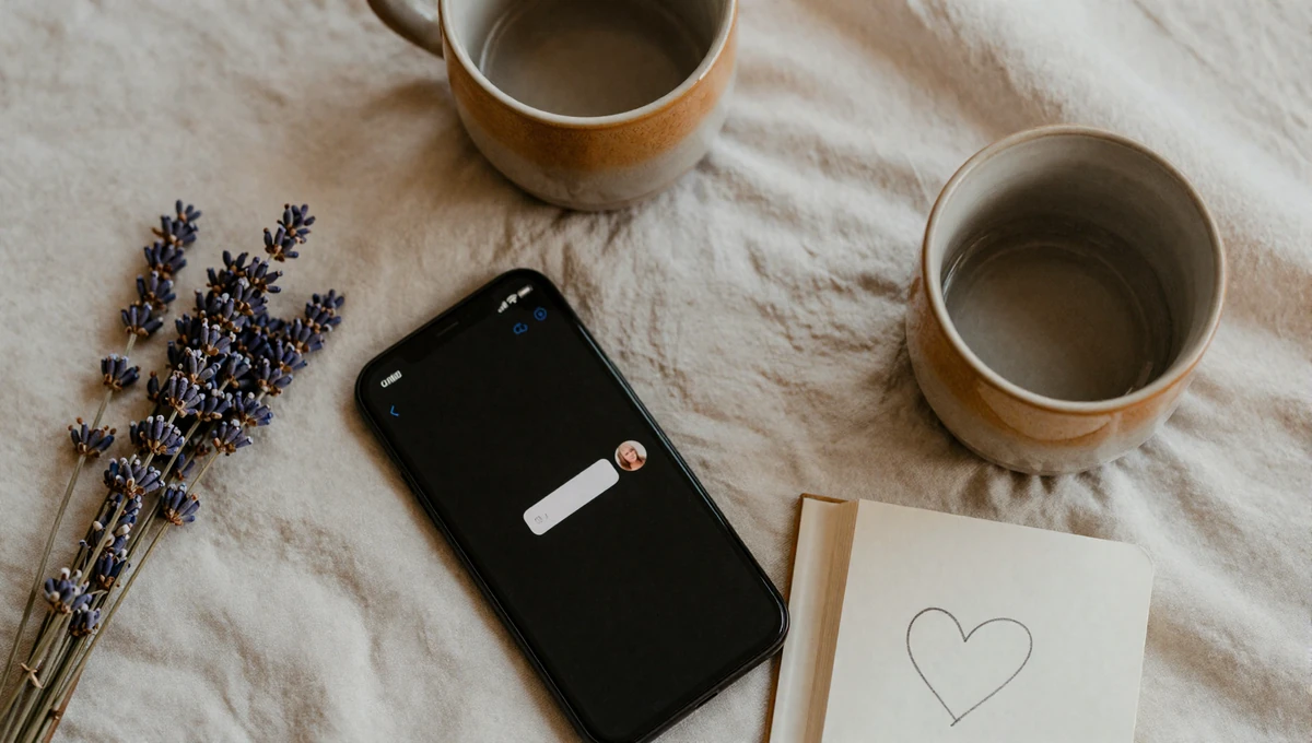 Two coffee mugs, a phone showing a chat bubble, and a notebook with a heart, illustrating a respectful FWB conversation
