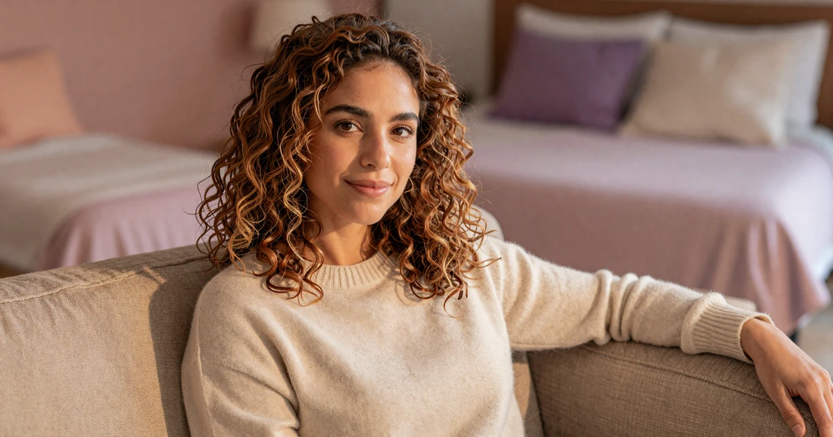 Warm portrait of a confident woman on a linen sofa, illustrating pressure-free intimacy on size-compatible casual dating apps