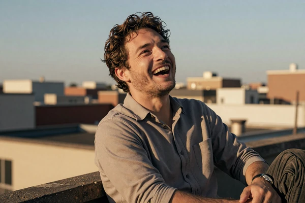 Relaxed man laughing on a rooftop at golden hour, illustrating dating with confidence and self-acceptance