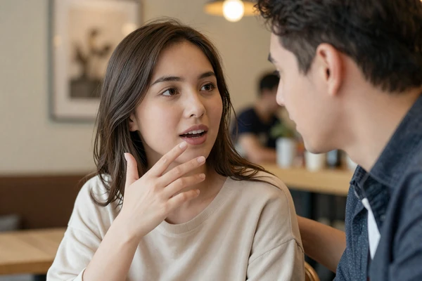 Couple in warm cafe with man leaning in to listen attentively, illustrating active listening as an attractive trait