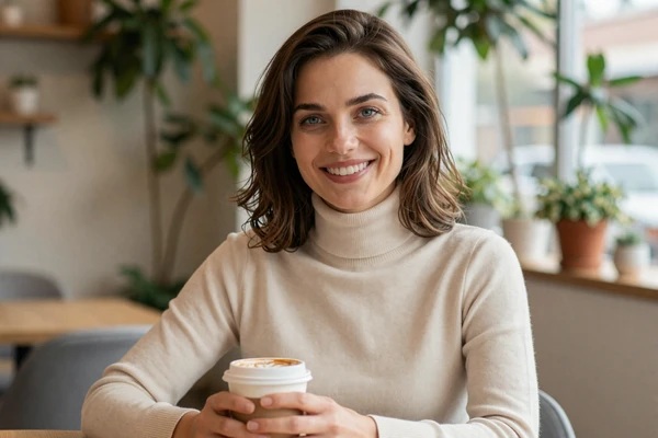 Woman in cream turtleneck smiling in a sunlit cafe, illustrating what women find attractive beyond size
