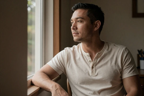 Calm man in cream henley looking out window in morning light, illustrating settled confidence as an attractive trait