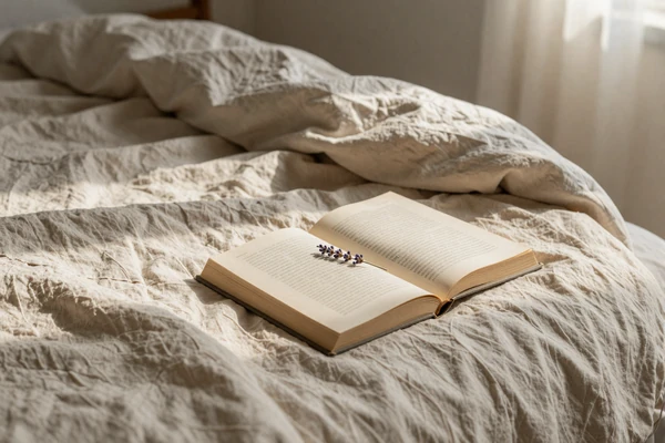 Soft unmade bed with linen and a lavender sprig, illustrating zero performance pressure intimacy