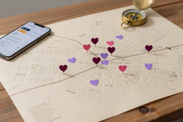 Paper city map with heart-shaped pins and a smartphone, illustrating local versus niche dating app tradeoffs