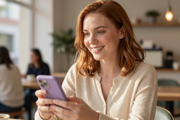 Woman in cream cardigan smiling at her phone in a sunlit cafe, illustrating disclosure anxiety relief on private dating sites