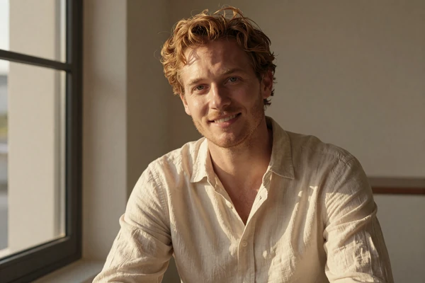 Confident man relaxed by a sunlit window, illustrating the BeyondSize men category