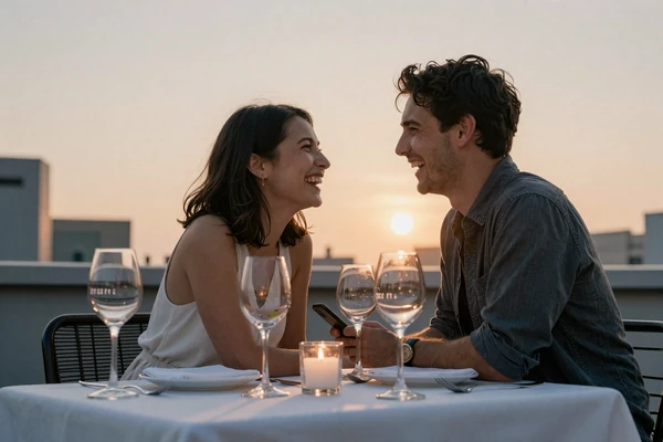 Couple at rooftop dinner with phones face-down, fully present in conversation, illustrating undistracted presence