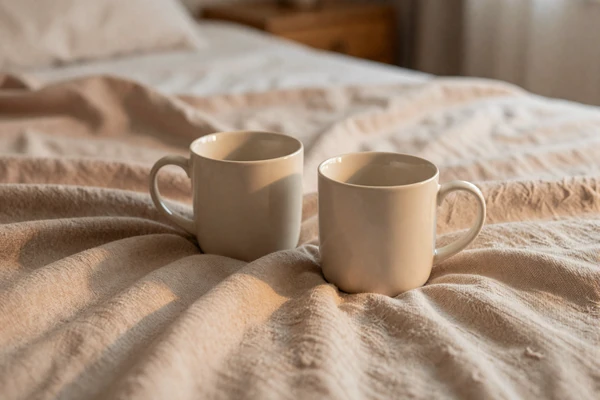 Two warm mugs on a linen throw, illustrating slower pacing and gentler intimacy on casual dating apps
