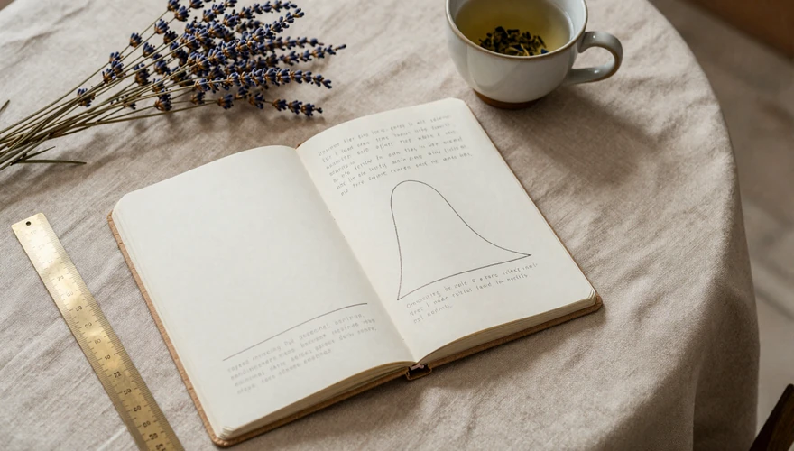 Warm linen desk with an open research journal, ruler, and tea cup illustrating average penis size statistics on a body-positive dating blog