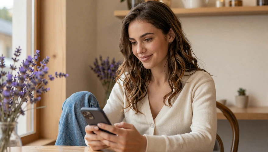 Woman in cream cardigan smiling at her phone in a warm cafe, illustrating disclosure anxiety relief on hidden dating apps