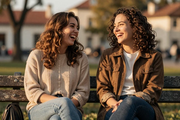 Couple sharing a genuine laugh on park bench at golden hour, illustrating self-aware humor as attractive