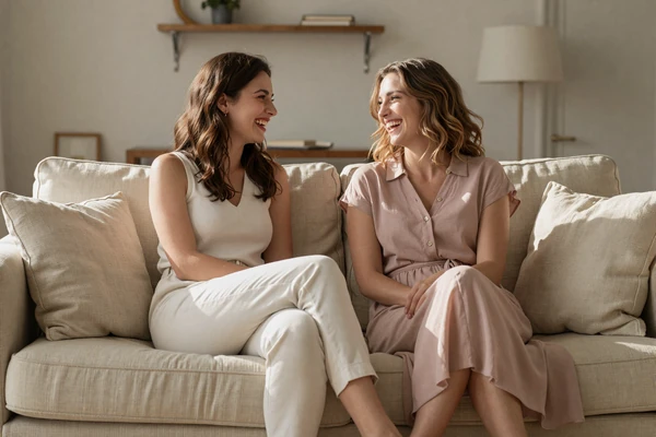 Two women laughing together on a linen sofa, illustrating partners who prefer smaller in a body-positive dating context