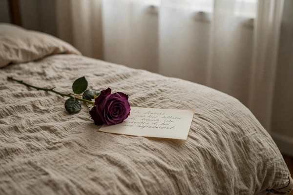 Soft bedside still life with plum rose, illustrating gentle SPH dating preferences