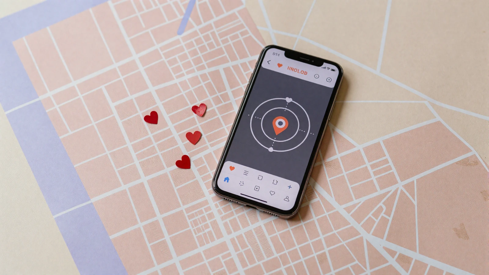 Stylized paper city map with heart pins and a smartphone showing local singles, illustrating niche versus local dating app tradeoffs
