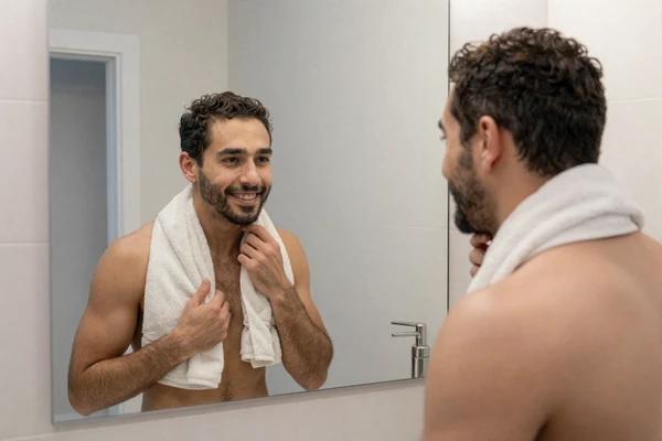 Relaxed man smiling at his reflection in warm morning light, illustrating body positivity and self-acceptance