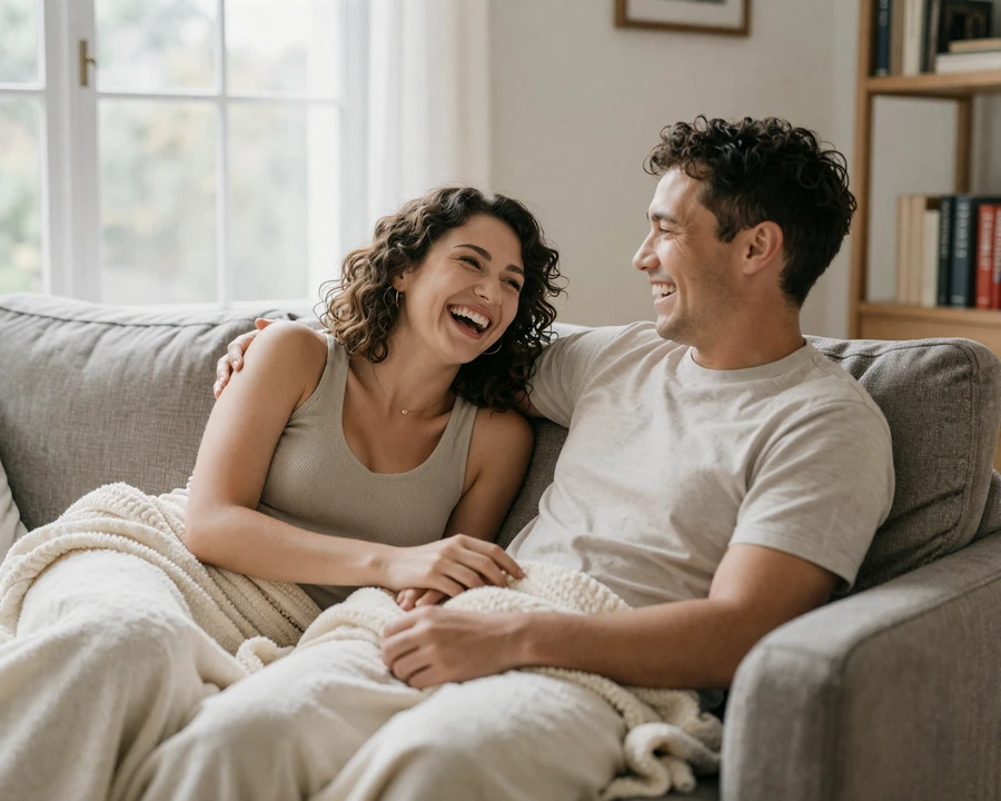 Diverse couple laughing together on a cream-blanketed couch in warm daylight, illustrating humor and easy presence in attraction